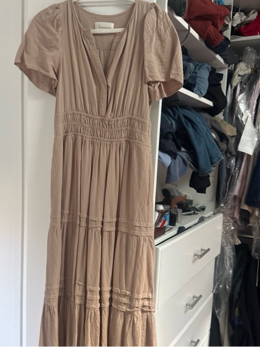 Anthropologie Somerset Taupe Tiered V-Neck Maxi Dress